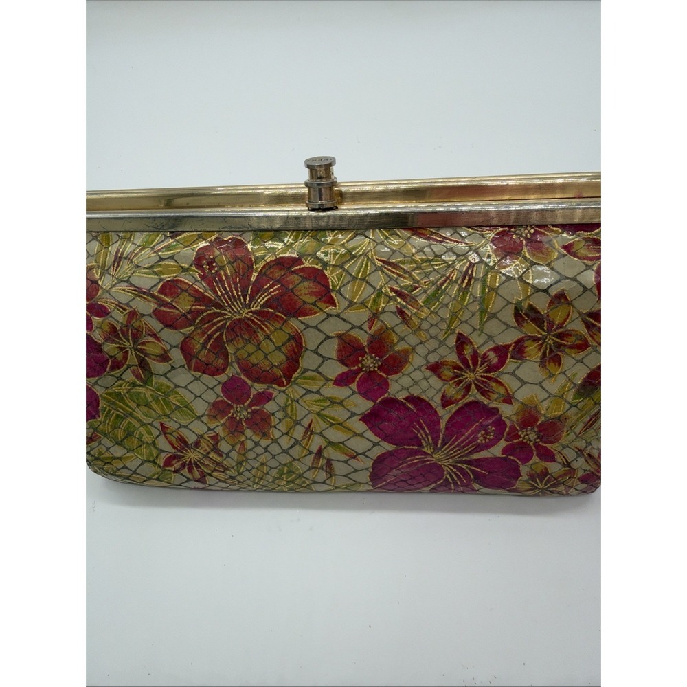 HOBO Floral Leather Double Kiss Lock Purse Wallet Wide Credit Cards Id Slots